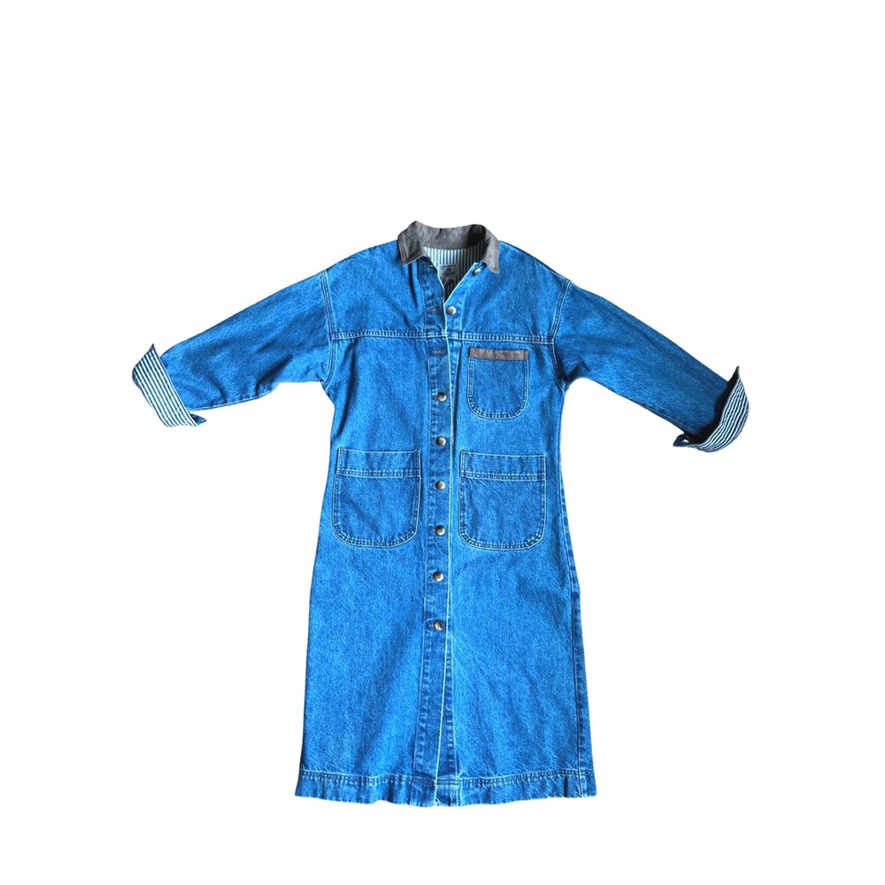VTG 90s Long Blue Denim Duster Chore Coat Button Front Small USA Westerncore